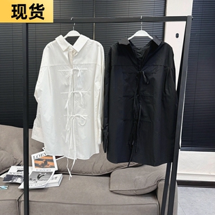 MONA黑色衬衫女夏设计感小众复古港味两穿百搭韩版宽松长袖衬衣