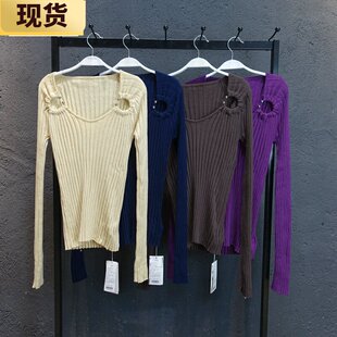 【现货】圆环扣坑条显瘦慵懒风领针织打底衫女薄款长袖上衣