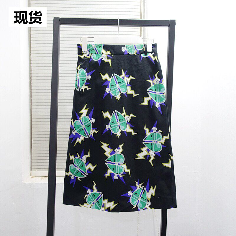 现货/MONA半身裙中长款女夏ins火的a字高腰显瘦百搭黑色印花裙子