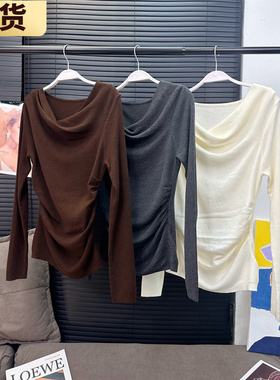 现货MX 3色!裸感弹力慵懒羊毛荡领上衣 设计感收腰修身内搭打底衫