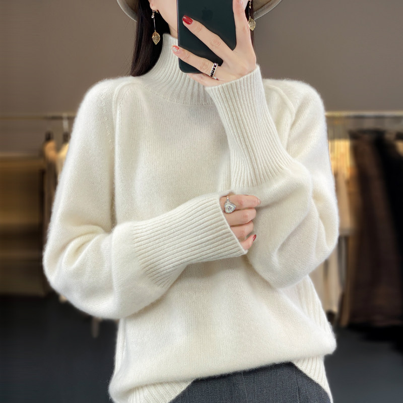 秋冬款高领套头羊毛衫女100纯羊毛宽松慵懒显瘦针织打底毛衣内搭