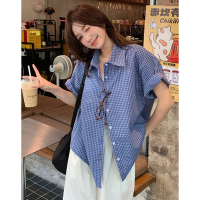 TANG韩版百搭短袖宽松格子衬衫女