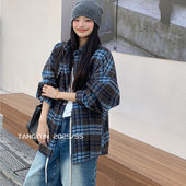 TANG美式 衬衣外套潮 宽松休闲百搭长袖 复古格子衬衫 女2025秋冬新款