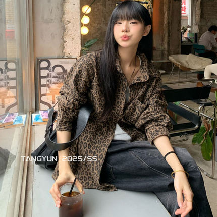 TANG美式复古豹纹衬衫女2025秋季新款宽松休闲百搭长袖衬衣外套潮