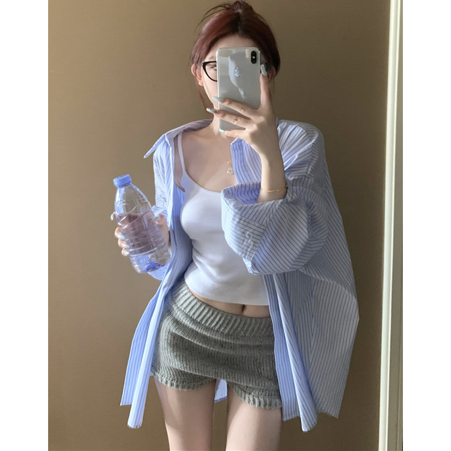 TANG韩版蓝色条纹休闲长袖衬衫女慵懒风宽松叠穿上衣防晒衬衣外套