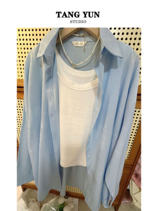 TANG2025防晒衬衫女夏季薄款宽松天丝棉蓝色衬衣外套垂感防晒衣衫