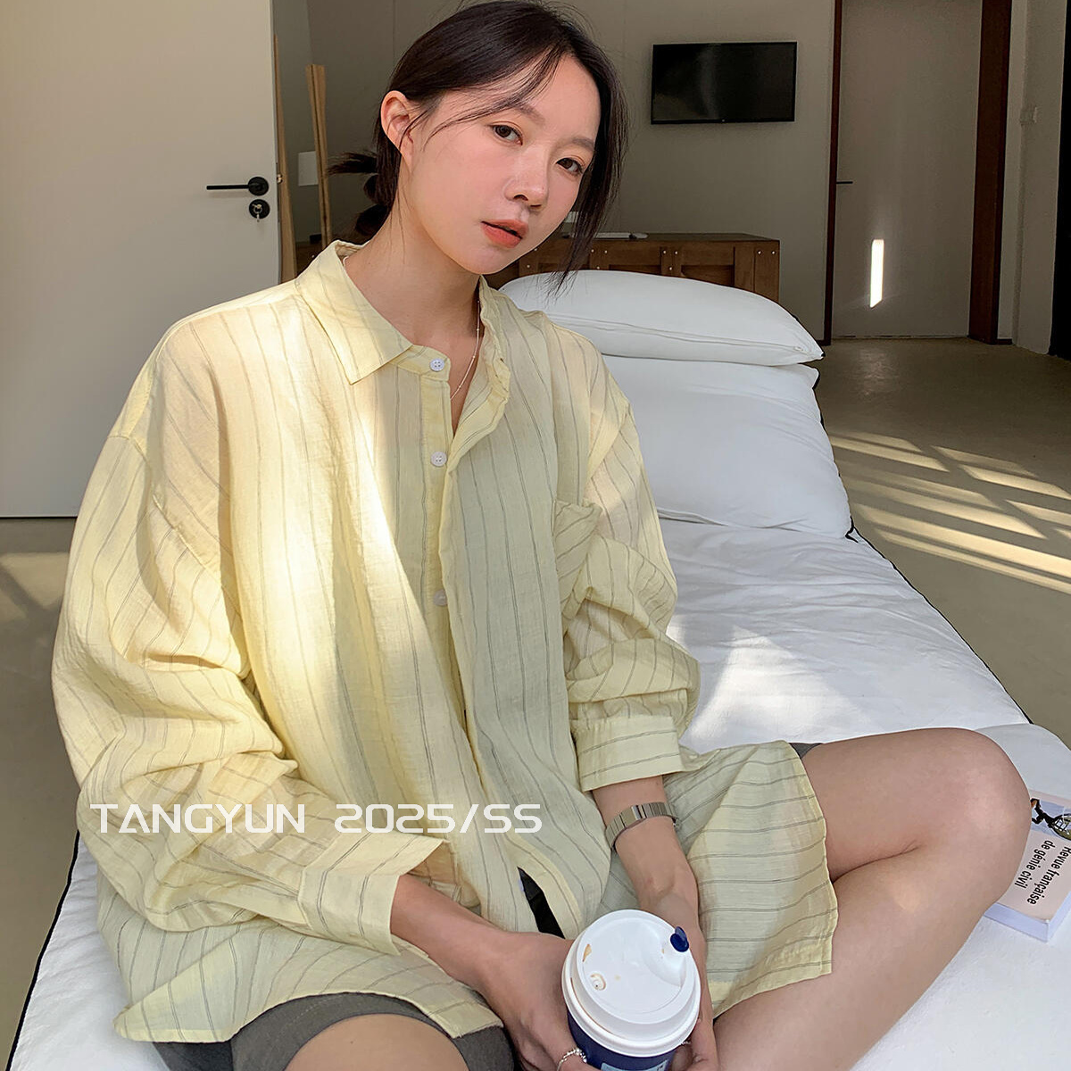 TANG韩版条纹长袖衬衫女2025夏季新款宽松休闲百搭防晒衬衣外套潮