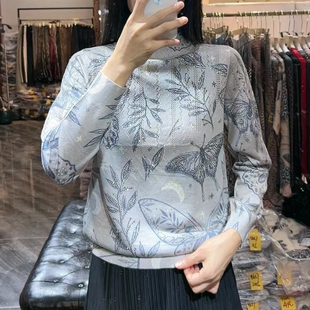 古嘉子2025春新款女装天丝羊毛衫印花烫钻针织衫半高领薄毛衣9806