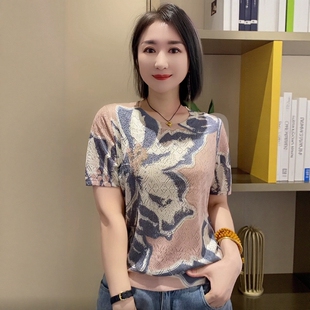 2026春夏圆领短袖上衣古嘉子印花钻天丝亚麻镂空针织衫T恤女25050