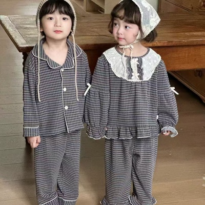 儿童睡衣套装男童女童宝宝格子圆领长袖家居服2025新款秋冬款