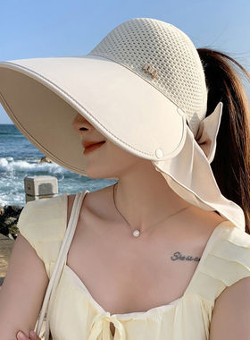 遮阳帽大檐帽蝴蝶结防晒帽防紫外线空顶太阳帽女高级感护脖披肩帽