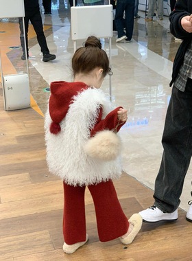 小女孩圣诞新年服毛线套装红色连帽开衫喇叭裤毛毛马甲时髦三件套