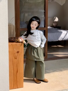 女童长袖字母T恤3春秋韩式童装中小童辣妹风抽绳上衣女孩棉布裙裤