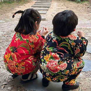 儿童东北大花棉袄加绒套装家居服男女童唐装宝宝新年衣服演出冬装
