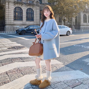 韩系浅蓝色蕾丝拼接双面呢羊毛大衣女秋冬2025新款温柔甜美风外套图片