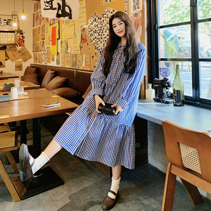 法式蓝格子长袖连衣裙女2024早秋新款韩系宽松显瘦纯棉衬衫长裙子图片