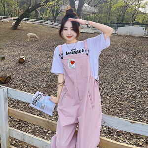 粉色日系背带裤女夏季2024新款可爱小个子宽松休闲显瘦薄款束腿裤图片