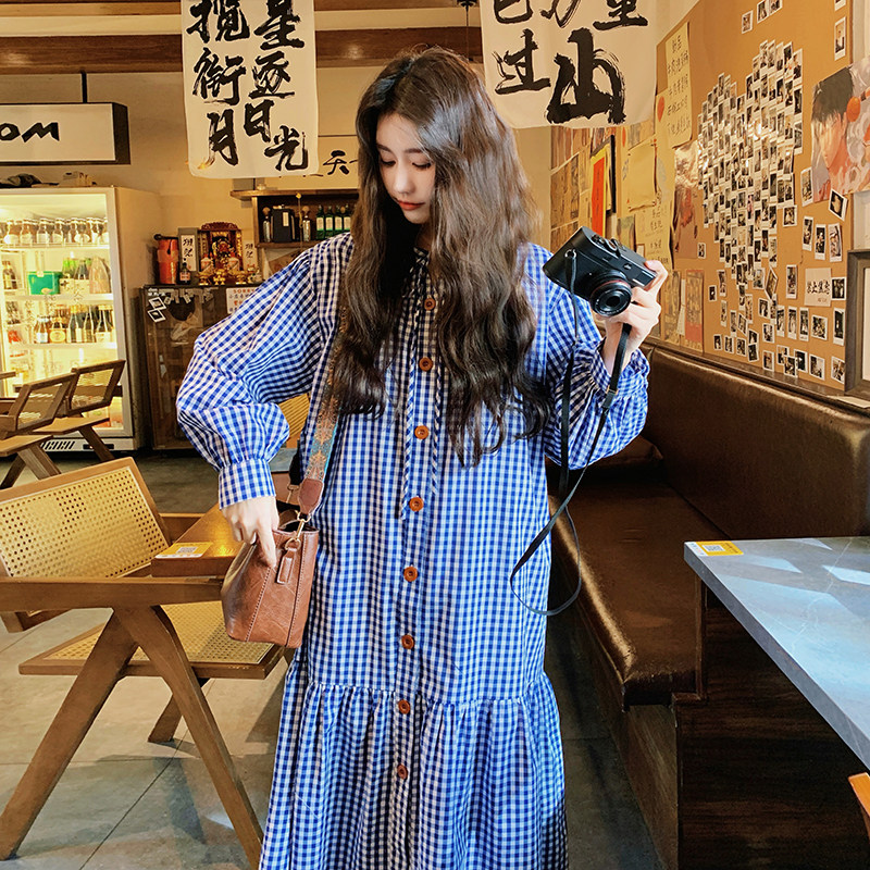 法式蓝格子长袖连衣裙女2024早秋新款韩系宽松显瘦纯棉衬衫长裙子图片