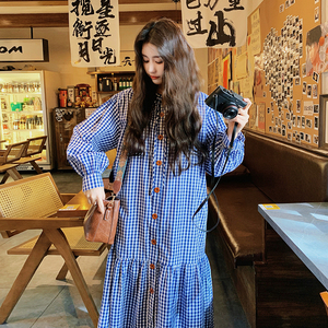 法式蓝格子长袖连衣裙女2024早秋新款韩系宽松显瘦纯棉衬衫长裙子图片