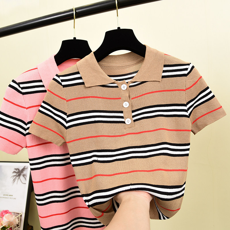 2019 Korean Edition ins Simplicity Short sleeved Lapel Borneol stripe T-shirt Polo Easy Show thin Confidantein the Women's clothing/Boutique , T-shirt  category - from Buy2taobao.com to provide professional Taobao agent buy service