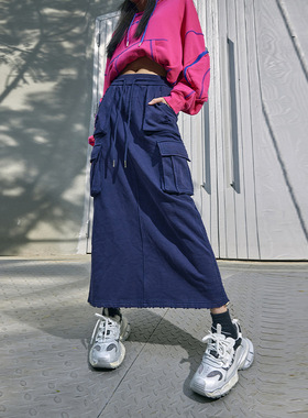 拓谷个性显高显瘦美式工装裙春秋a字长裙腰优雅开叉半身裙30297