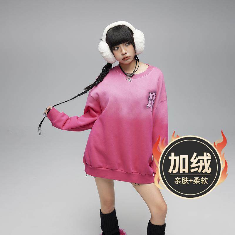 拓谷女装设计感毛巾绣加绒保暖渐变卫衣24年冬装小众粉红色圆领
