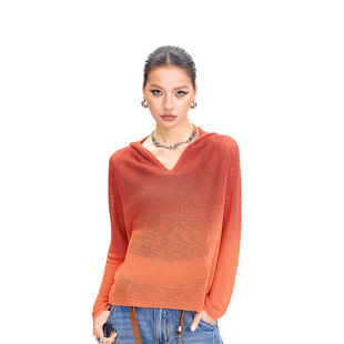 拓谷26春夏新辣妹风渐变色长袖连帽针织衫女薄款防晒罩衫宽松上衣