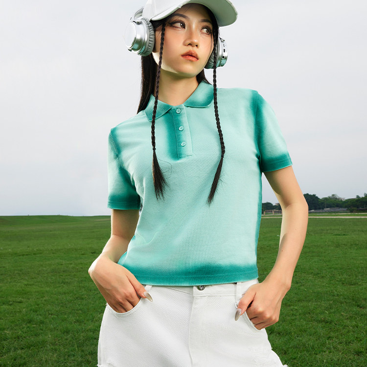 拓谷25新款渐变简约气质翻领短袖女t恤夏装潮流女上衣时尚polo衫