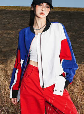 拓谷2025新款美式复古拼接嘻哈潮牌美式字母印花女款休闲外套街头