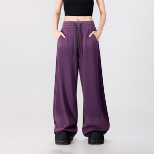 运动休闲裤 女宽松垂感长裤 街头风紫色高腰阔腿卫裤 拓谷秋冬新品