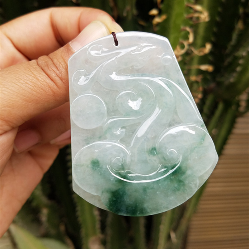 缅甸纯天然A货翡翠牌子冰飘花玉石挂件霸气仿古龙牌吊坠挂件
