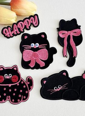 黑色卡通猫咪自粘刺绣布贴羽绒服破洞补丁贴鞋包iPad装饰贴花卡通