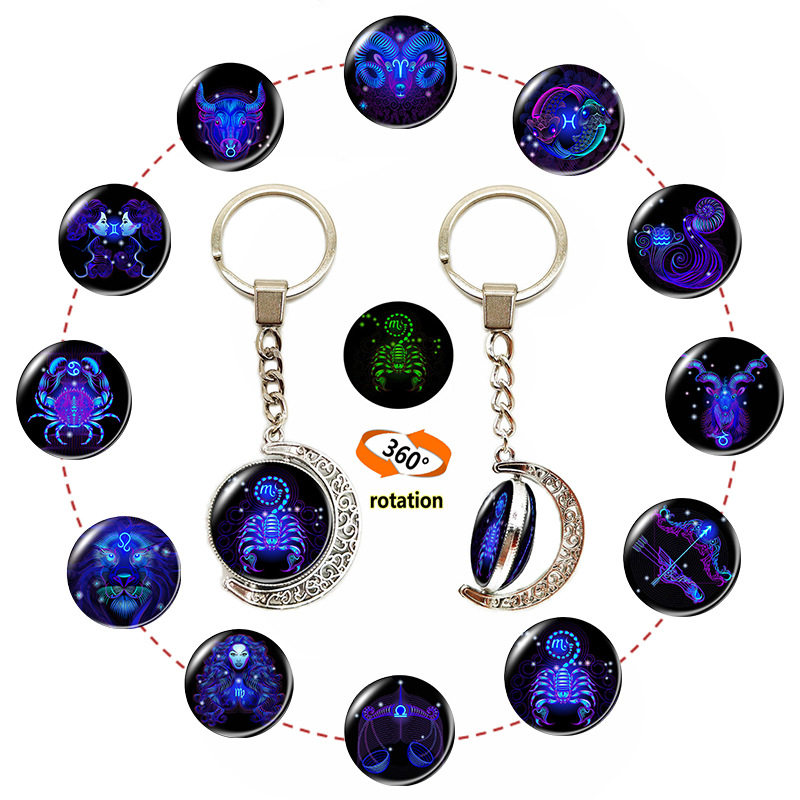 欧美12星座时光宝石夜光钥匙扣挂件 双面玻璃旋转月亮吊坠挂饰