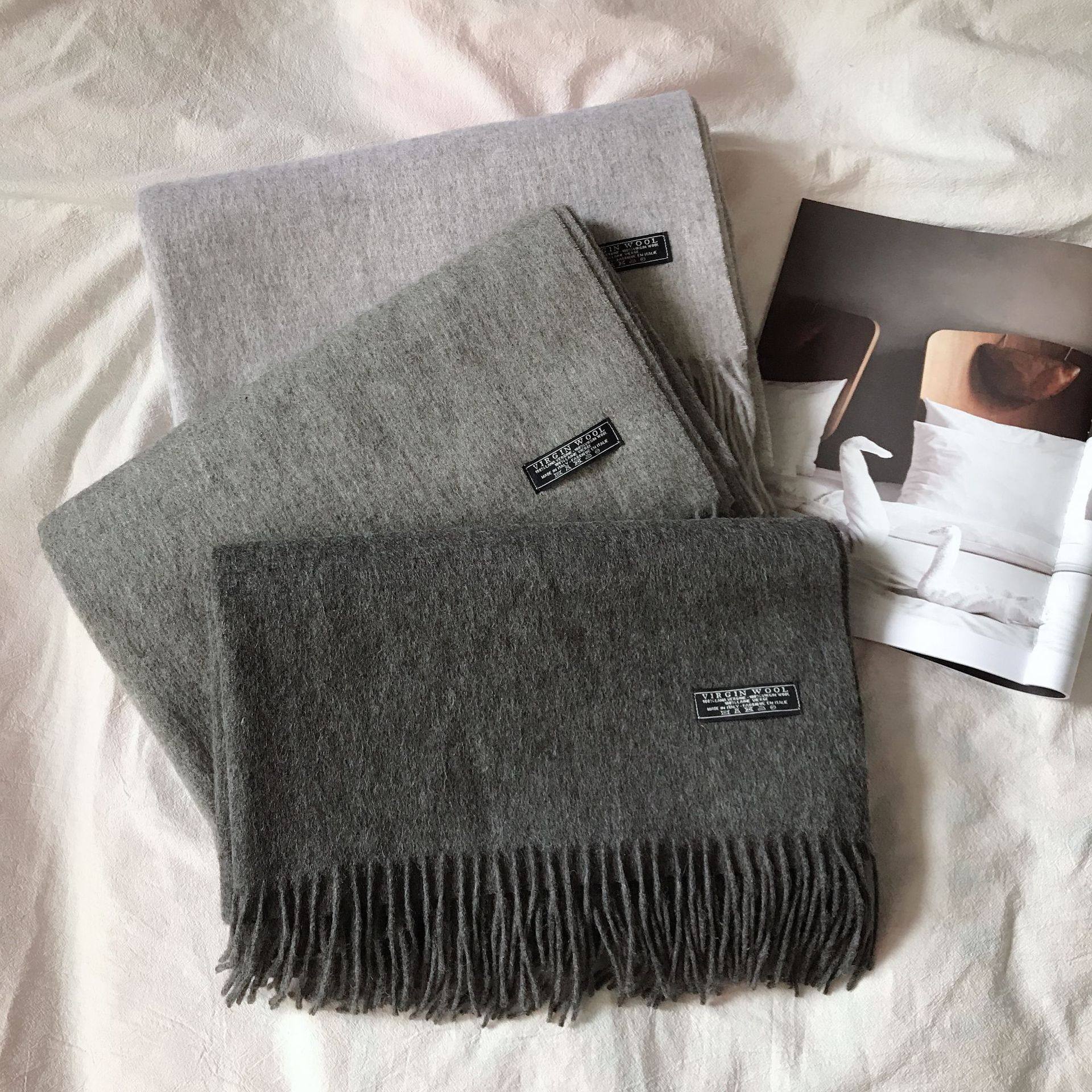 宽版纯色羊毛围巾初剪羊羔绒加厚素色女流苏披肩北欧ins秋冬保暖