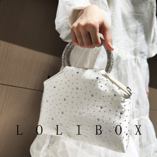 LOLIBOX烫钻白淑女镶钻旗袍水钻缎面手提女小包斜跨晚宴会礼服包