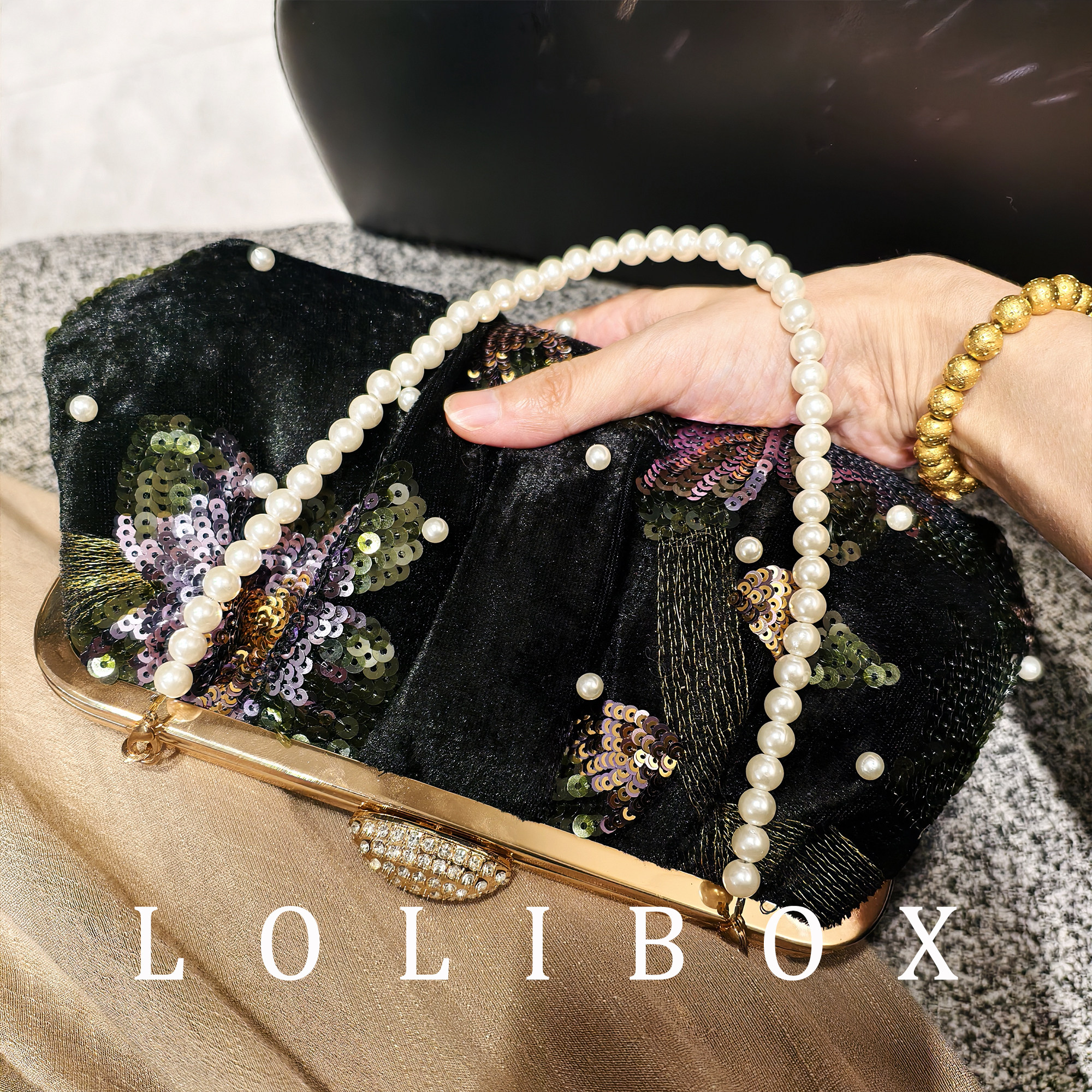 LOLIBOX亮片刺绣珍珠绒面旗袍复古手提斜跨女晚宴会礼服派对小包