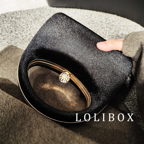 LOLIBOX丝绒高档合金镶钻圆弧手提包手拿斜跨女小包晚宴会礼服包