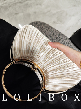 LOLIBOX褶皱缎面高级香槟旗袍圆环手拿女小包斜跨晚宴礼服宴会包