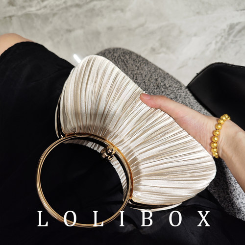 LOLIBOX褶皱缎面高级香槟旗袍圆环手拿女小包斜跨晚宴礼服宴会包