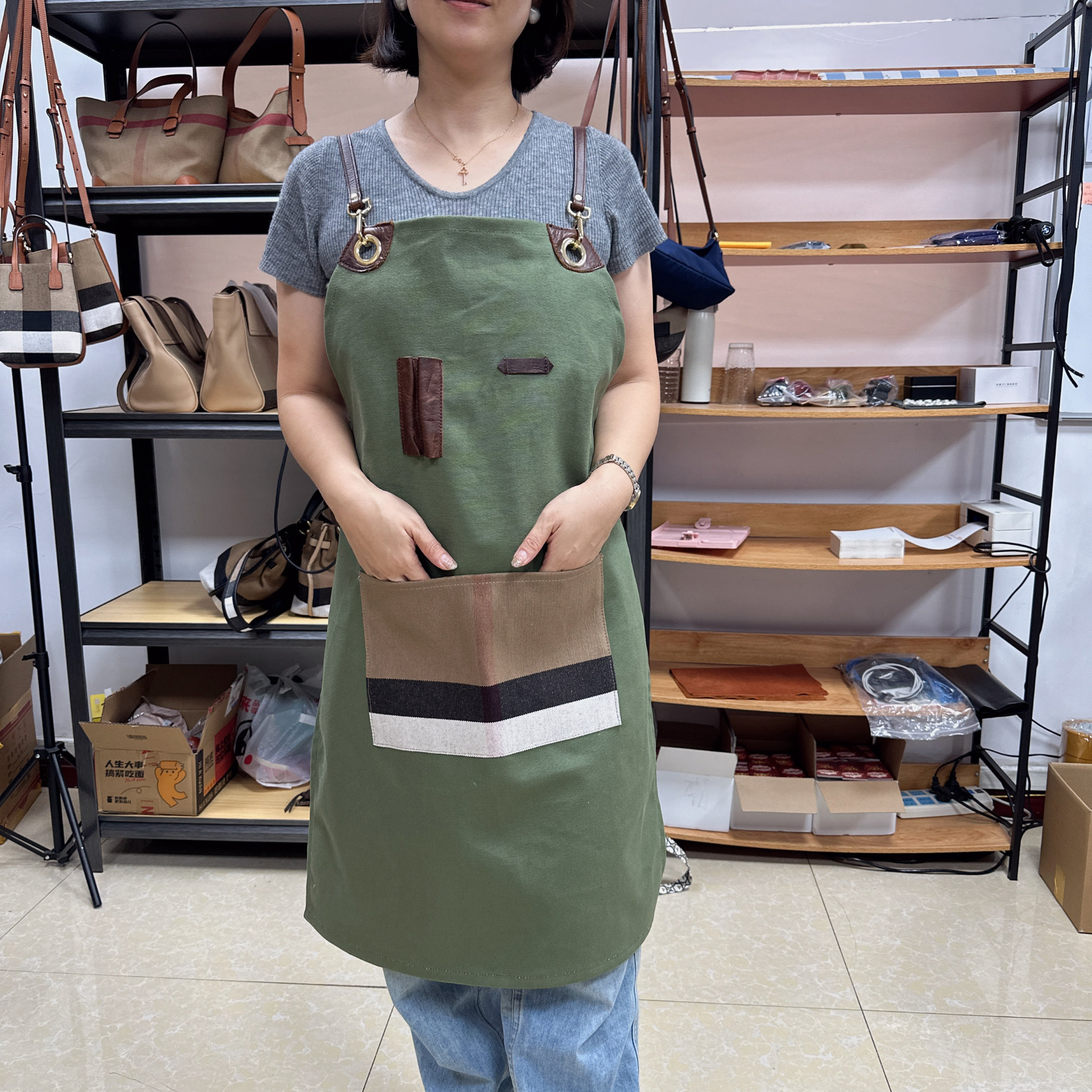 黄麻料经典格子搭配帆布手工DIY围裙美术油画围裙艺术背带裤围裙