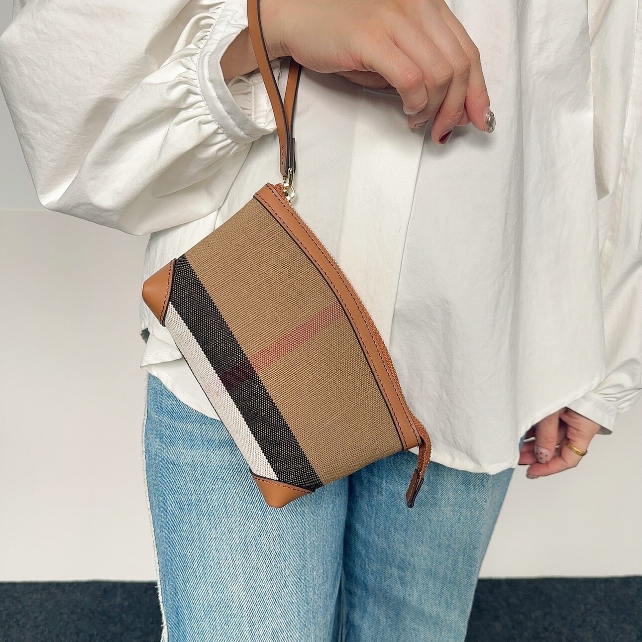 横版中古款格子拉链手拿包经典款黄麻手腕零钱包斜挎链条小方包