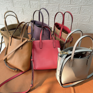 优优/春季新款头层荔枝纹牛皮手提斜挎包拆卸肩带黄麻拉链托特包