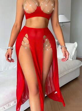 欧美女装性感金属链条辣妹吊带睡裙高开叉网纱透明胸前镂空内衣潮