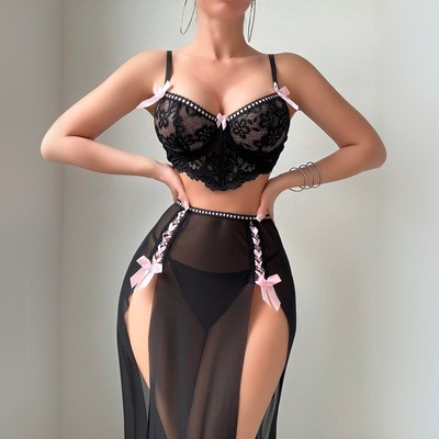 欧美纯欲高叉透视辣妹蕾丝睡裙