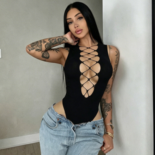 欧美女装性感镂空紧身连体衣辣妹夜店蹦迪内搭外穿无袖黑色背心潮