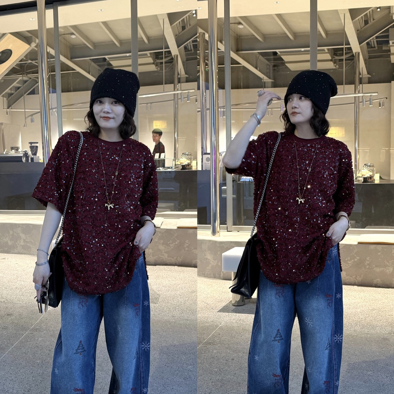 YDFSTUDIO小众【圣诞派对】欧货高品重工亮片设计时尚氛围感T恤