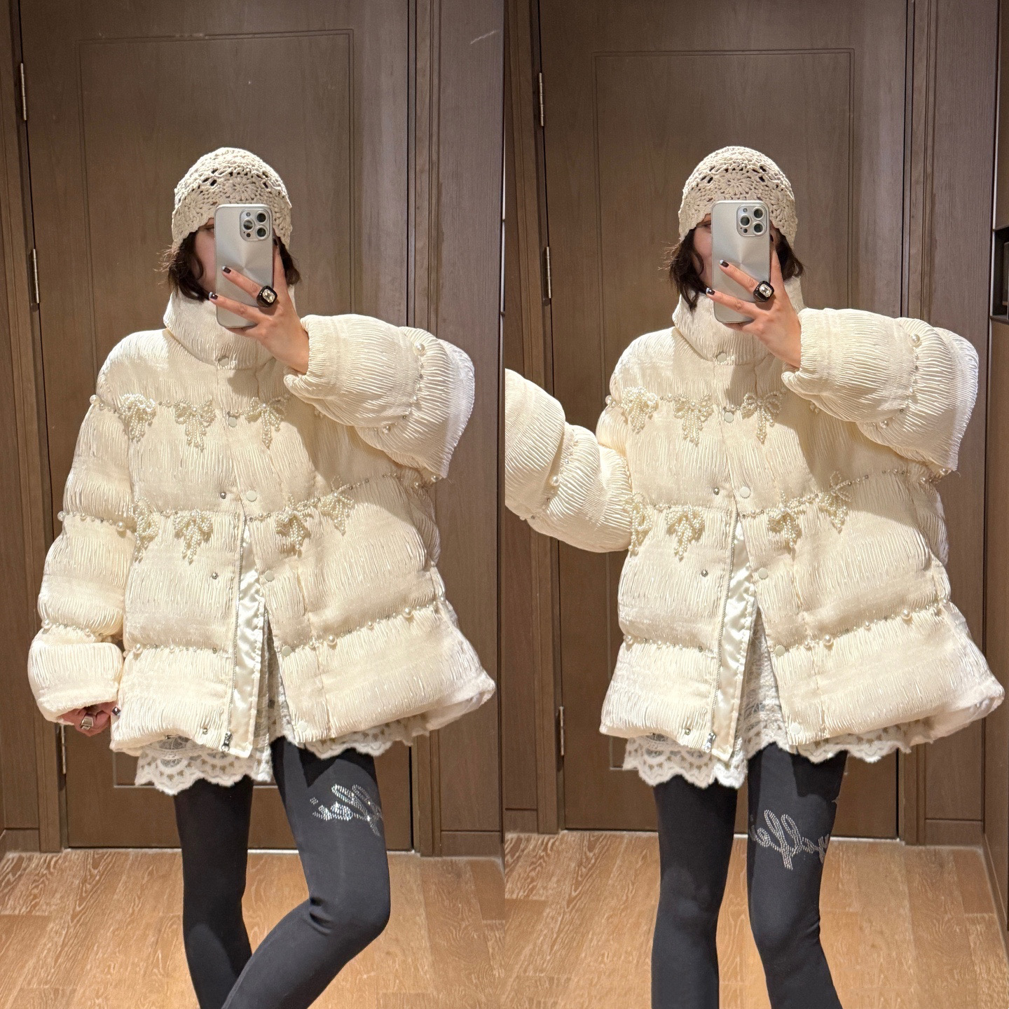 YDFSTUDIO小众【千金贵奢】欧货高品蝴蝶结珍珠装饰设计羽绒外套