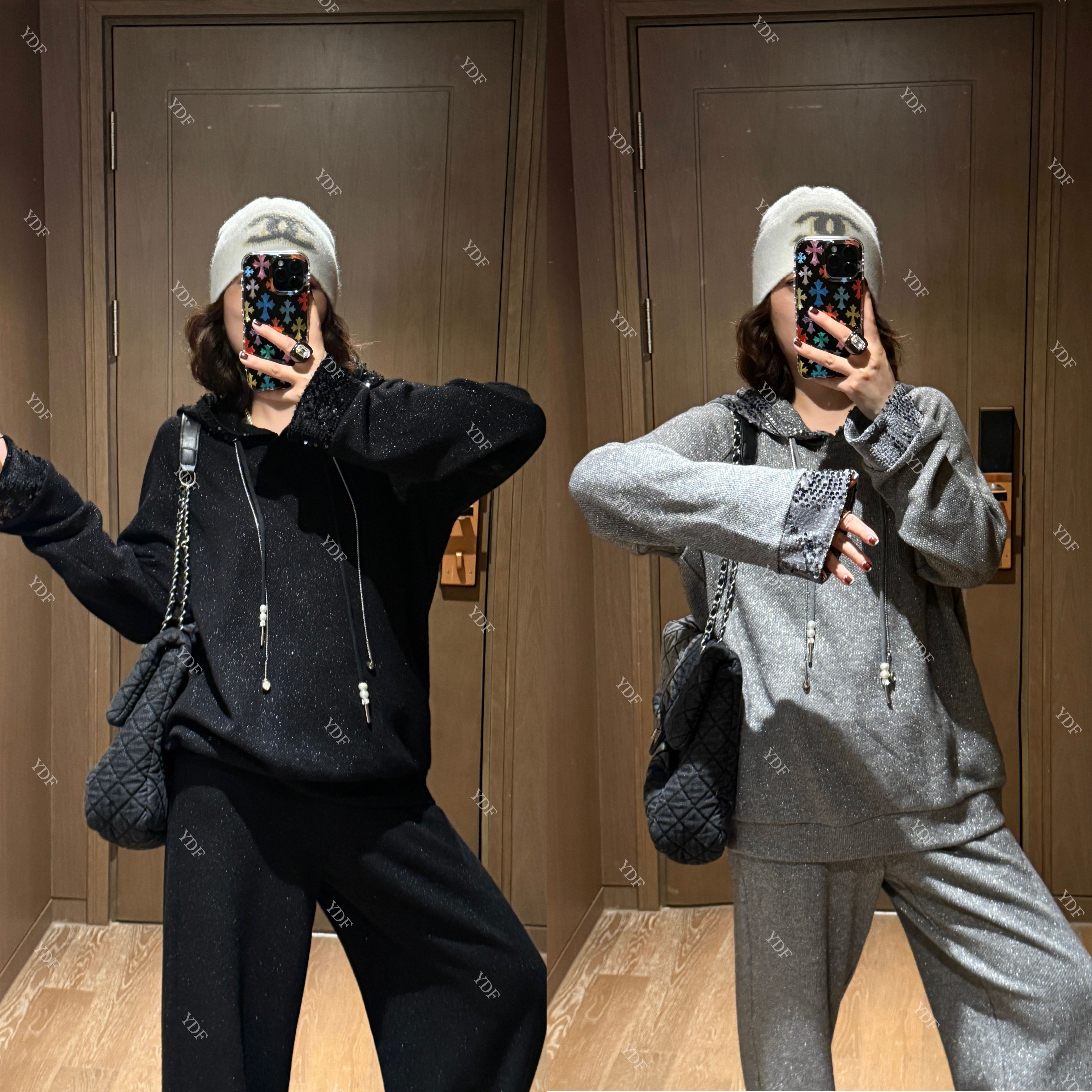 YDFSTUDIO小众【星辉月光】欧货高品亮片连帽设计上衣+裤子套装