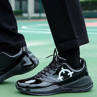 准者篮球裁判鞋黑色漆皮亮面低帮耐磨防滑缓震裁判比赛专用运动鞋