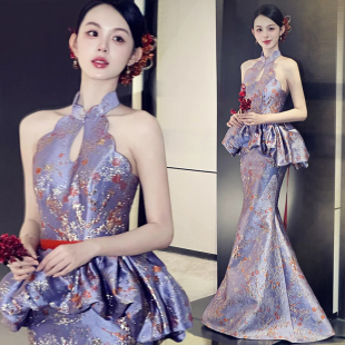 高端轻奢小众主持人高级感挂脖演出服 鱼尾宴会晚礼服裙女2025新款